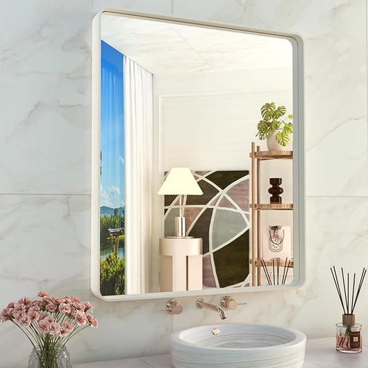 WEER White Bathroom Mirror 28X36 Inch, Rounded Rectangle White Metal Frame Mirror, Matte White Bathroom Vanity Mirror with Tempered Glass, Anti-Rust, Hangs Horizontally or Vertically