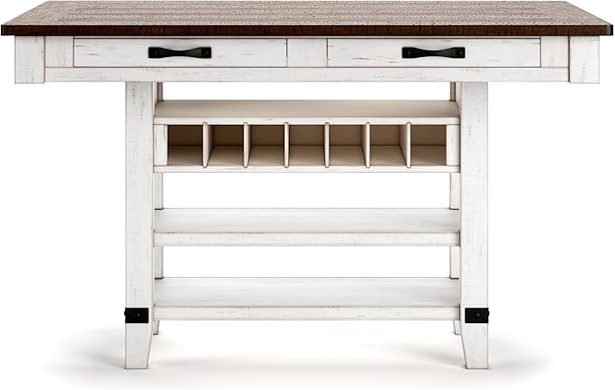 Signature Design by Ashley Valebeck Rectangular Dining Room Table, 4 Drawers, 2 Open Shelves, Wine Rack, Wood, 60" W x 40" D x 36.13" H, White & Brown