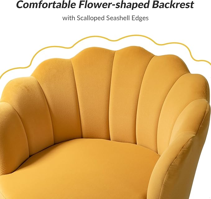 HULALA HOME Velvet Accent Chairs Set of 2 with Shell Shaped Back, Modern Cute Living Room Bedroom Armchairs with Gold Legs, Comfy Upholstered Vanity Chairs for Makeup Room, Mustard
