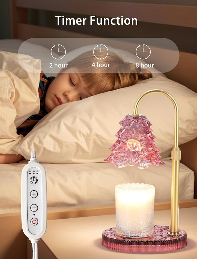Candle Warmer Lamp with Timer & Dimmer, Crown Glass Lamp Candle Warmer for Jar Candles, 2 Bulbs, Height Adjustable Electric Wax Warmer for Elegant Home Decor (Blush Pine)
