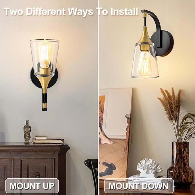 1-Light Bathroom Wall Sconce Light, Black and Gold Wall Light Fixtures with Clear Glass Shade, Modern Wall Lamp Indoor Wall Mounted Light for Hallway Bedroom Living Room Mirror