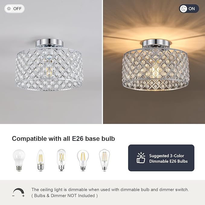 Chrome Crystal Ceiling Light Fixture,Modern Semi Flush Mount Ceiling Lighting Fixture,Round Small Chandelier for Dining Room, Hallway, Entryway, Kitchen, Bedroom,Foyer,1 Light,11.2 inch
