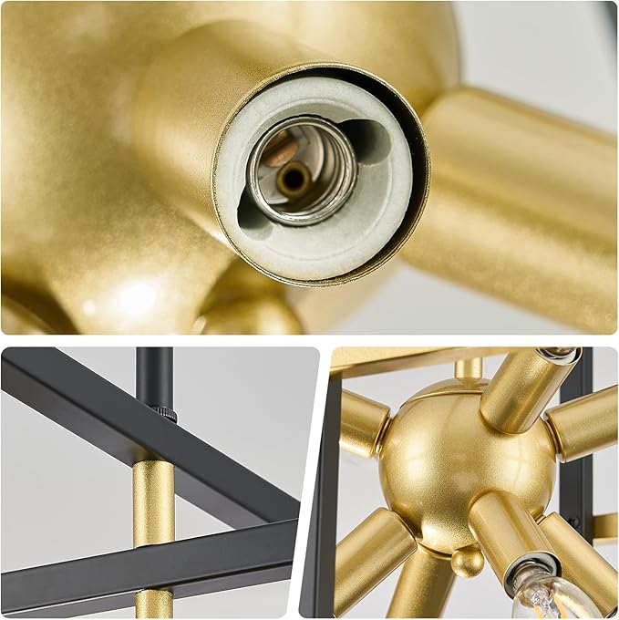 Small Black Gold Chandelier, Modern 8-Light Geometric Pendant Light Fixture, Industrial Square Hanging Chandelier for Dining Room, Kitchen Island, Foyer, Hallway