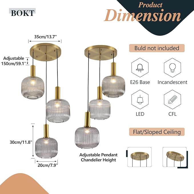 BOKT 3-Light Cluster Pendant Lights Modern Smokey Gray Glass Globe Pendant Light Adjustable Open Glass Kitchen Island Pendant Chandelier Vintage Multi Light Pendant Lighting Cluster