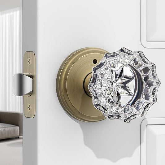 1 Pack Crystal Door Knob, Rosette Shaped Glass Door Knobs Interior with Lock, Antique Brass Door Knobs Interior Glass