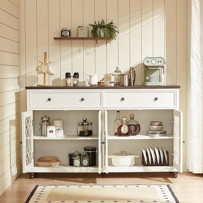 Large Sideboard Buffet Cabinet with Storage,59" Credenza with 4 Glass Doors & 2 Drawers,Adjustable Shelves Coffee Bar,Wood Kitchen Console Table for Dining Room,Living Room,White
