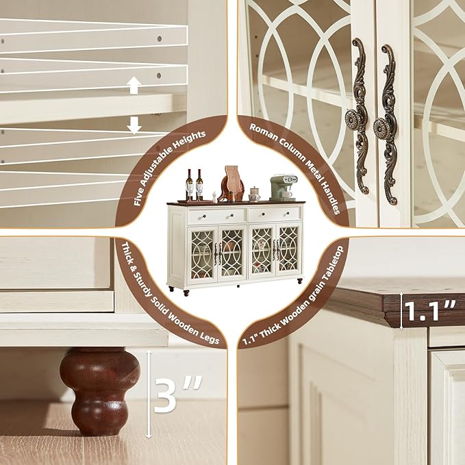 Large Sideboard Buffet Cabinet with Storage,59" Credenza with 4 Glass Doors & 2 Drawers,Adjustable Shelves Coffee Bar,Wood Kitchen Console Table for Dining Room,Living Room,White