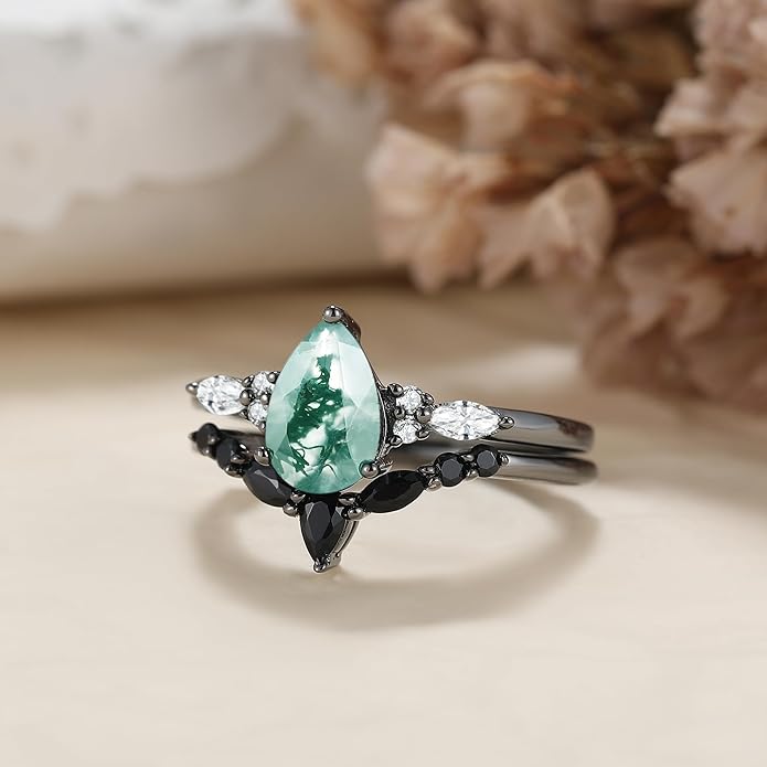 Black Gold Plated Natural Moss Agate Bridal Wedding Ring Sets for Women, 925 Sterling Silver Gothic Vintage Promise Rings and Eternity Black Spinel Band for Her - Boho Art Deco Platinum Plated Engagement Rings Size 4-9