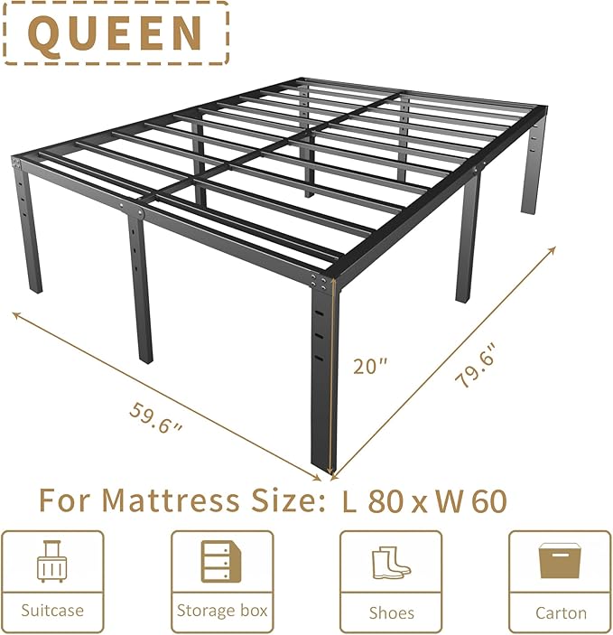 20 Inch Queen Size Bed Frame, No Box Spring Needed, Heavy Duty Black Metal Platform Mattress Foundation with Steel Slats, Non-Slip Noise Free Easy Assembly, Large Storage