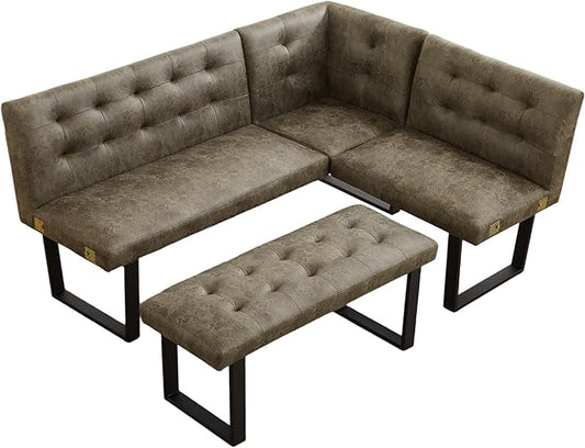 Modern L-Shaped Dining Bench, Vintage Fabric Upholstered Corner Sofa with Metal Legs for Kitchen Nook, Living Room, Dining Room (Brown)