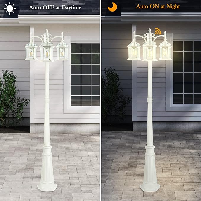 Dusk to Dawn Outdoor Lamp Post Light Birdcage, 3 Head Waterproof Outside White Street Light Pole with Clear Glass Shade for Yard Garden Patio Path Driveway