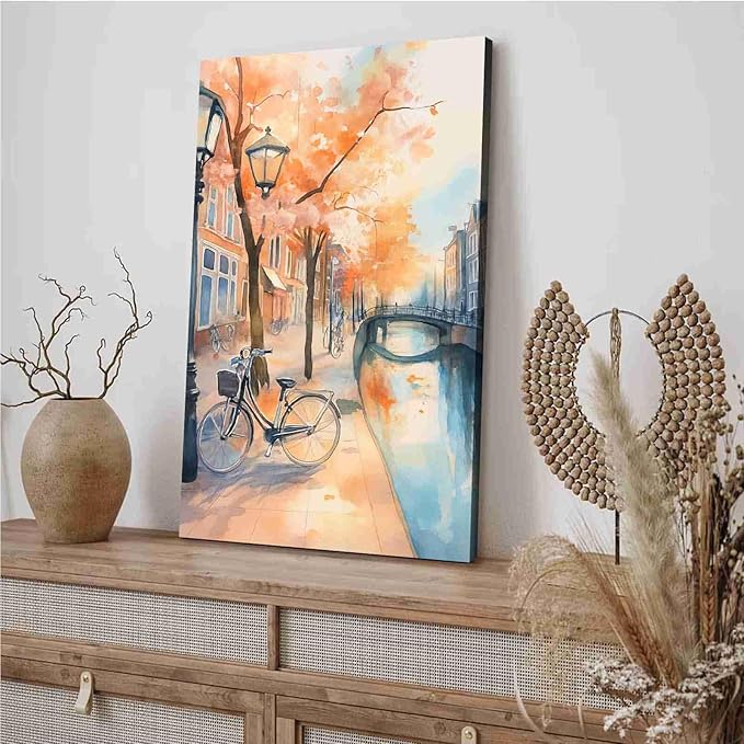 Framed Canvas Prints Amsterdam Canal Bikes Watercolor Painting Netherlands Wall Art Print Amsterdam Cityscape Travel Poster Europe Art Print 12x18in-Framed