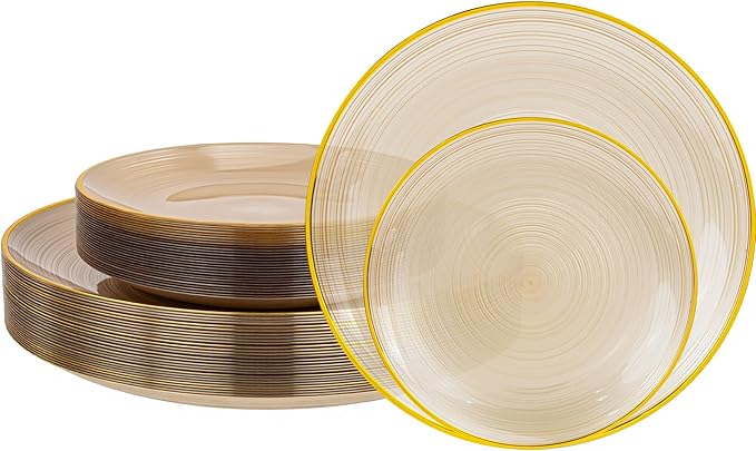 Morejoy 60Pcs Brown Plastic Plates,Brown Disposable Plates With Gold Rim, Gold Party Dinnerware Set Include 30 Dessert plates,30 Dinner plates for Party,Thanksgiving