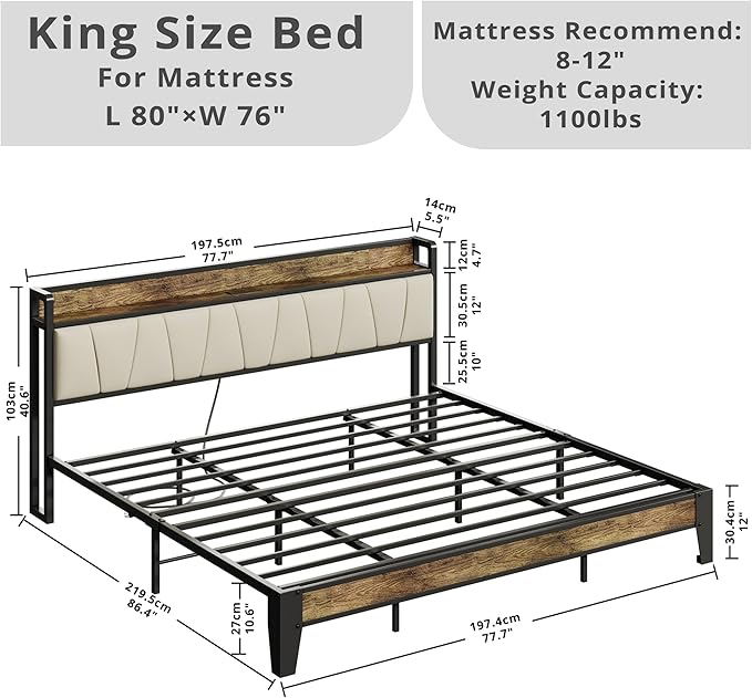 LIKIMIO King Bed Frame, Storage Headboard with Charging Station, Solid and Stable, Noise Free, No Box Spring Needed, Easy Assembly (Walnut and Beige)