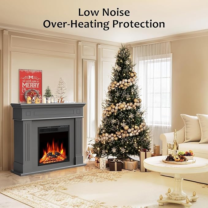 43 Inch Fireplace TV Stand with Mantel - Electric Fireplace Heater, Wooden Entertainment Center, Adjustable LED Flame, Freestanding (750W/1500W),Grey