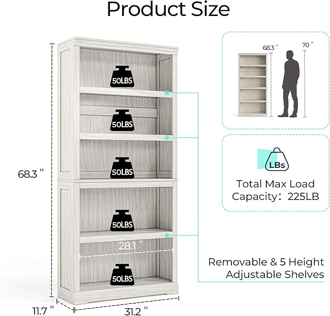 LINSY HOME 5-Shelf Bookcase, Bookshelves Floor Standing Display Storage Shelves 68 in Tall Bookcase Home Decor Furniture for Home Office, Living Room, Bed Room - White Oak