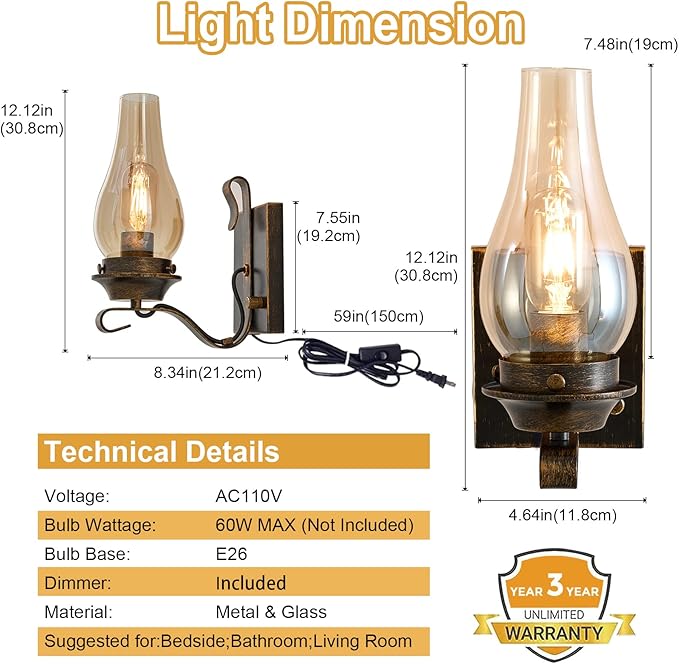 Yisuro Plug in Wall Sconce,Oil Rubbed Bronze Wall Sconces,Retro Rustic Wall Lamps,Sconces Wall Lighting with Amber Glass,Indoor Vintage Bedside Wall Lighting for Living Room Bathroom