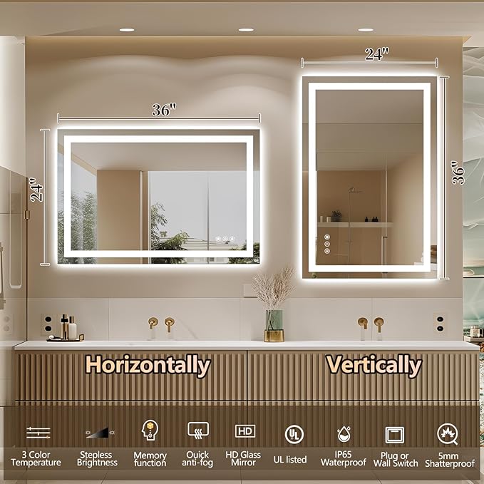 Niccy 36" x 24" LED Bathroom Mirror with Lights, Backlit and Front Lit, Lighted Vanity Mirror for Wall with 3 Colors, Anti-Fog, Shatter-Proof, Memory for Bedroom, Horizontal/Vertical