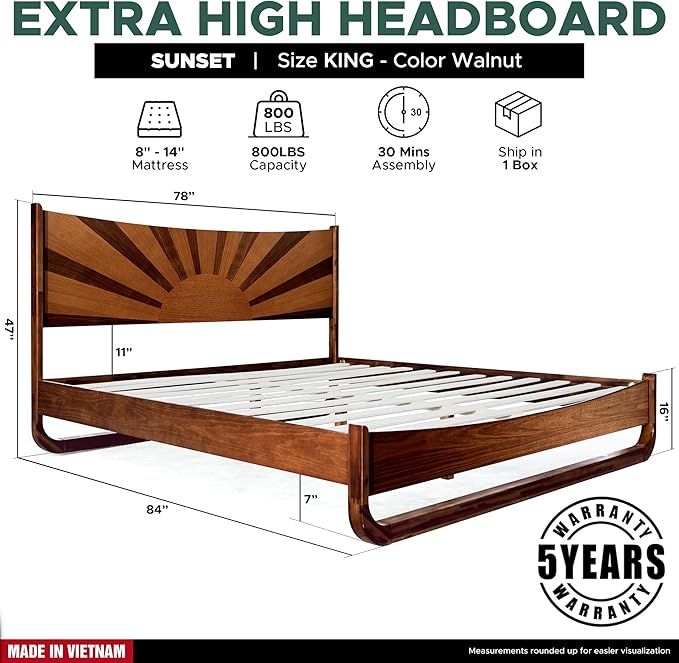 Sunset Deluxe Solid Acacia Wood King Size Platform Bed Frame with Tall Headboard, Mid-Century & Art Deco Design, No Box Spring Needed, Strong Wood Slat Support, Easy Assembly, Walnut