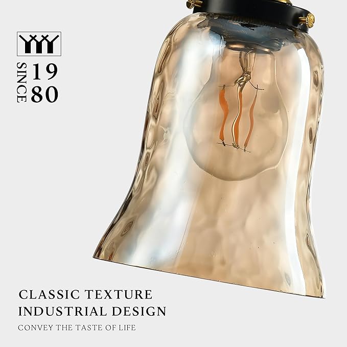 Modern Glass Pendant Light, 5.5"x6.3" Amber Ribbed Globe Light Fixture with Gold Cap, 15"-72" Adjustable Cord, E26 Socket for Dining or Lounge Areas – Sunrise Glow Trumpet