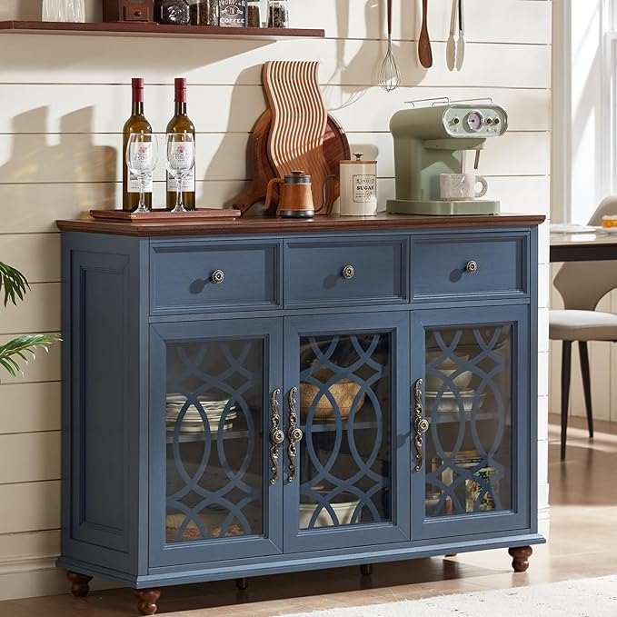 Farmhouse Sideboard Buffet Cabinet with Storage,48" Large Credenza with 3 Glass Doors & 3 Drawers,Adjustable Shelves Console Table,Wood Kitchen Coffee Bar for Dining Room,Living Room,Navy Blue