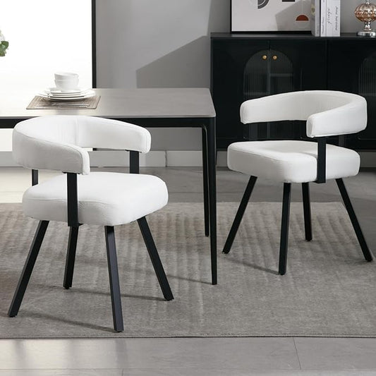 DUOMAY Chenille Dining Chairs Set of 2, Curved Open Backrest Kitchen Chairs with Metal Legs Modern Upholstered Barrel Side Chairs for Dining Room Living Room, White
