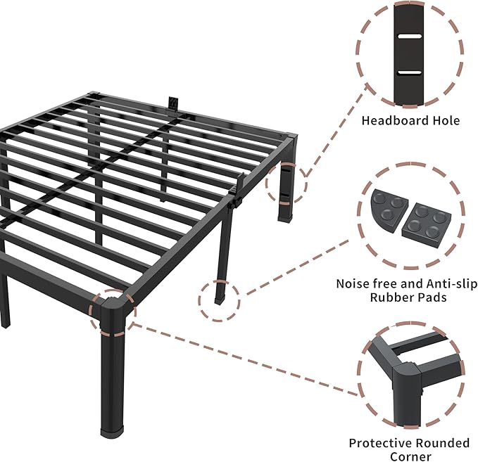 ROIL 14 inch Twin XL Bed Frames with Headboard Hole and Round Corner Legs Mattress Retainers 3500LBS Heavy Duty Steel Slats No Box Spring Needed Platform Noise-Free Underneath Storage