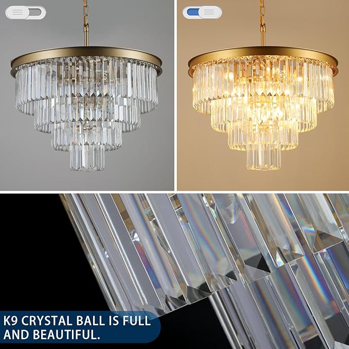 Crystal Chandeliers for Dining Room Lights Fixture Over Table, 15 Lights Gold Modern Chandeliers for Living Room, 4-Tier Round Crystal Lighting Fixtures for Bedroom Entryway Kitchen Island D24 Inch