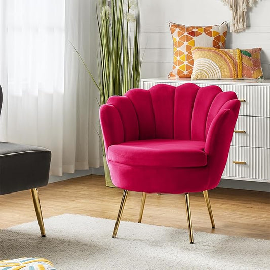 HULALA HOME Modern Velvet Accent Chair with Shell Shaped Back, Cute Living Room Bedroom Armchair with Gold Legs, Comfy Upholstered Vanity Chair for Makeup Room, Fushia