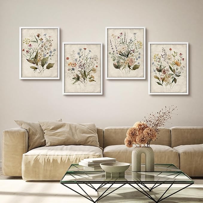 SIGNWIN Framed Set Vintage Wildflower Bouquet Antique Botanical Illustrations Modern Art Decorative Scenic Multicolor Nature Wilderness for Bedroom - 12"x16"x4 White