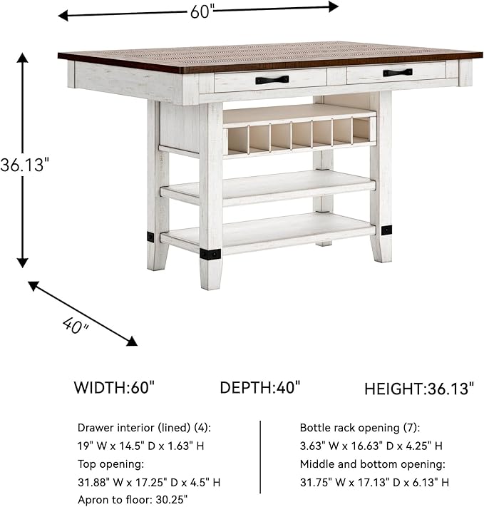 Signature Design by Ashley Valebeck Rectangular Dining Room Table, 4 Drawers, 2 Open Shelves, Wine Rack, Wood, 60" W x 40" D x 36.13" H, White & Brown