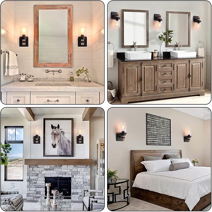 1-Light Rustic Wall Sconces Farmhouse Bathroom Light Fixtures Over Mirror, Handmade Wood Vanity Light Fixtures with Pretty Glass Shade, Wall Sconce for Bathroom Hallway Bedroom