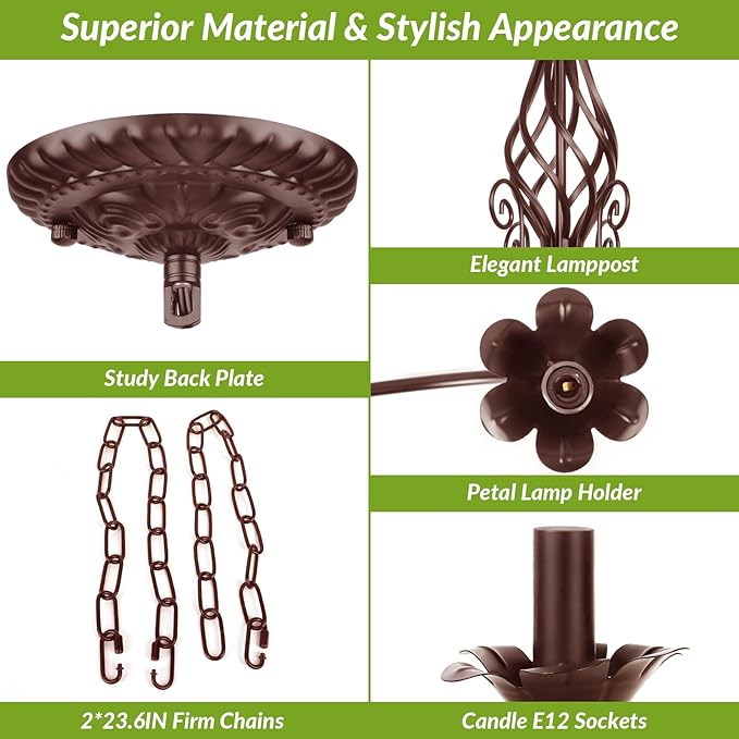 6-Light Farmhouse Candle Chandelier for Living Room, Rustic Industrial Pendant Ceiling Light fixture, Vintage Hanging Lamp for Bedroom Hallway Kitchen Dining Room Foyer, E12 Socket, Oil Rubbed Brown