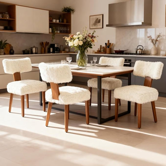 FOXHUNTER Upholstered Dining Chairs Set of 4, Modern Wooden Armless Kitchen Chairs with Curved Backrest, Mid-Century Farmhouse Dining Side Chairs, Fur Beige