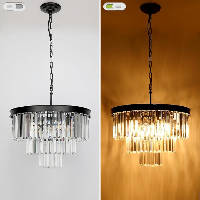 Crystal Chandeliers for Dining Room Lights Fixtures, 9 Lights Black Modern Chandeliers for Bedroom, 3-Tier Round Crystal Lighting Fixtures for Living Room Entryway Kitchen Island D20 Inch