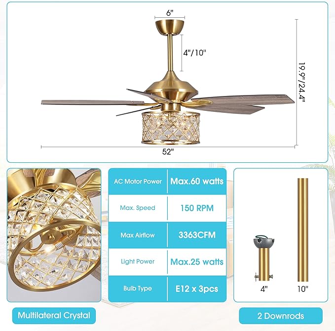 Gold Ceiling Fans with Lights and Remote, 52 Inch Modern Crystal Chandelier Ceiling Fan for Bedroom Living Room, Brass Ceiling Fans Lighting, Ventilador de Techo, Reversible 5-Blade, 3 Speeds