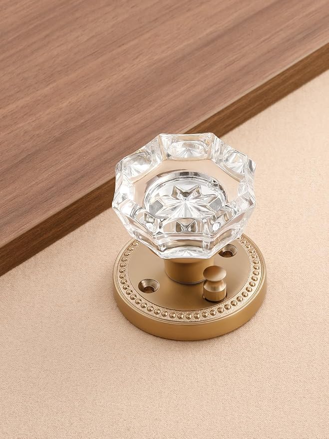 1 Pack Champagne Bronze Door Knobs Crystal Door Knob Interior Privacy Door Knob for Bedroom and Bathroom Glass Door Knob,Zinc Alloy