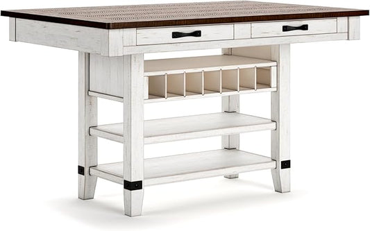 Signature Design by Ashley Valebeck Rectangular Dining Room Table, 4 Drawers, 2 Open Shelves, Wine Rack, Wood, 60" W x 40" D x 36.13" H, White & Brown