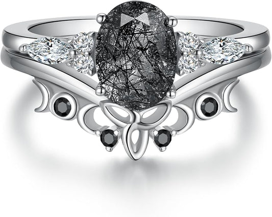 Oval Natural Black Rutilated Quartz Celtic Knot Bridal Wedding Ring Sets with Black Gold or Platinum Plated 925 Sterling Silver, Irish Gothic Engagement Rings and Spinel Trinity Annversary Band Size 4-9