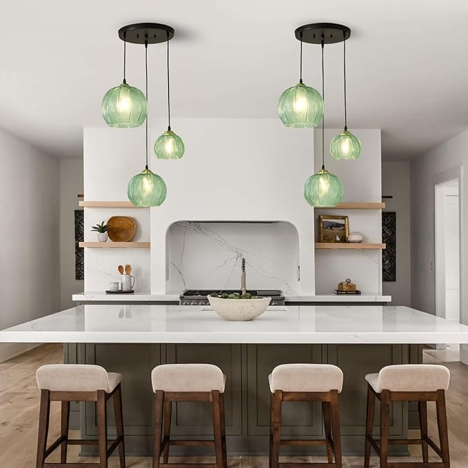 3-Light Glass Globe Pendant Light Kitchen Island, Mid-Century Modern Pendant Ball Chandelier with Green Ribbed, Vintage Hanging Ceiling Light Fixture for Dining Room, Over Sink, Table