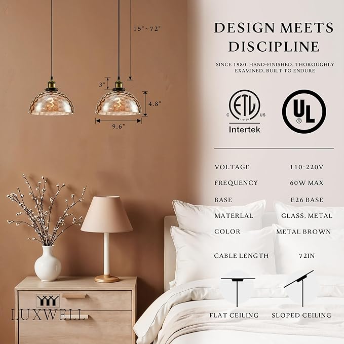 Modern Glass Pendant Light, 9.6"x4.8" Amber Ribbed Globe Light Fixture with Gold Cap, 15"-72" Adjustable Cord, E26 Socket for Dining or Lounge Areas – Sunrise Glow Bell