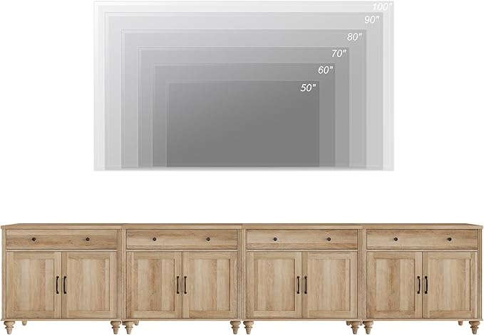 WAMPAT Farmhouse TV Stand for 85 inch TV with 8 Doors and 4 Drawers, Wood Universal TV Stand with Large Storage Cabinets, Oak Entertainment Center TV Console Table for Living Room, Bedroom