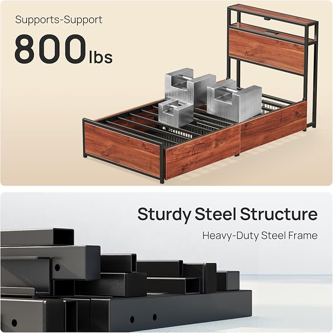 Rolanstar Twin Bed Frame with 4 Storage Drawers, Charging Station and LED Lights, Metal Platform Bed with 2-Tier Storage Headboard, No Box Spring Needed, Easy Assembly, Noise-Free, Walnut