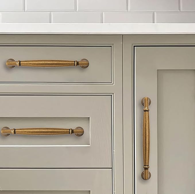 khtumeware 10 Pack 5 Inch(128mm) Antique Brass Cabinet Pulls Heavy Duty Solid Vintage Brass Cabinet Handles Kitchen Antique Bronze Cabinet Hardware for Cupboard Drawer Handles