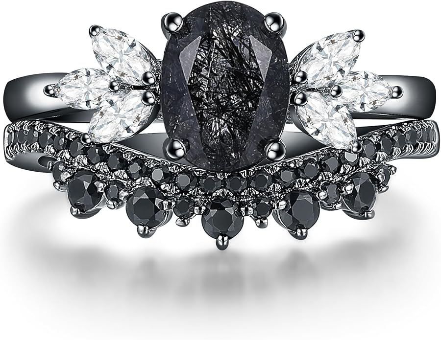 Oval Natural Black Rutilated Quartz Celtic Knot Bridal Wedding Ring Sets with Black Gold or Platinum Plated 925 Sterling Silver, Irish Gothic Engagement Rings and Spinel Trinity Annversary Band Size 4-9