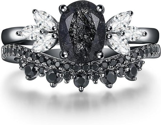 Oval Natural Black Rutilated Quartz Celtic Knot Bridal Wedding Ring Sets with Black Gold or Platinum Plated 925 Sterling Silver, Irish Gothic Engagement Rings and Spinel Trinity Annversary Band Size 4-9