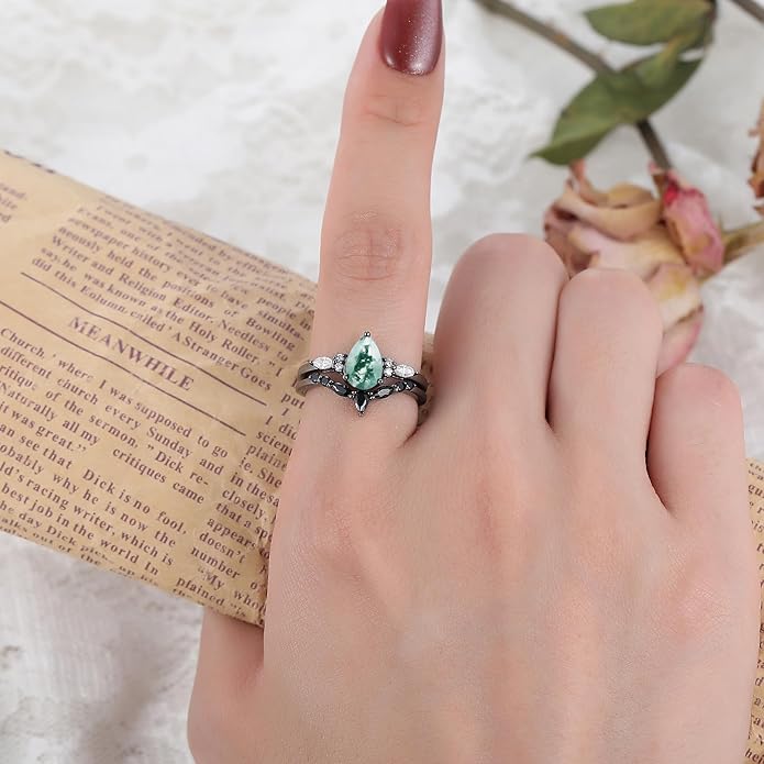 Black Gold Plated Natural Moss Agate Bridal Wedding Ring Sets for Women, 925 Sterling Silver Gothic Vintage Promise Rings and Eternity Black Spinel Band for Her - Boho Art Deco Platinum Plated Engagement Rings Size 4-9