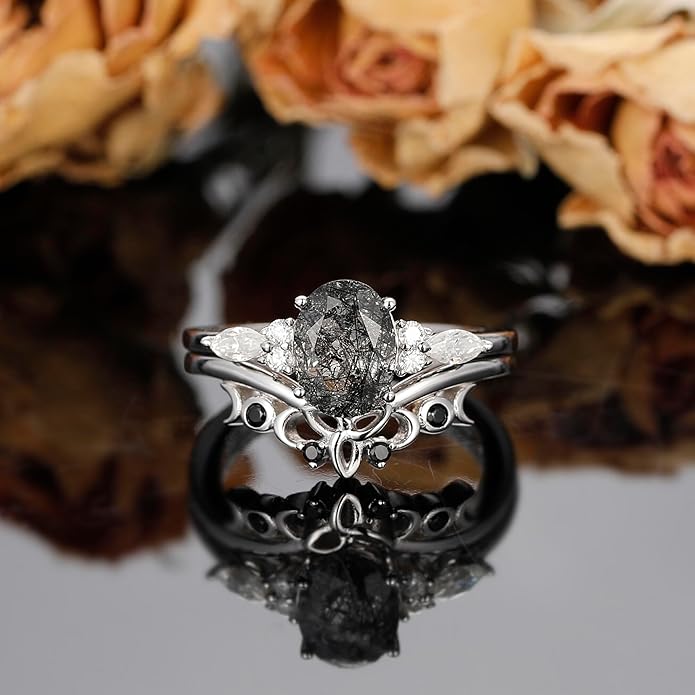 Oval Natural Black Rutilated Quartz Celtic Knot Bridal Wedding Ring Sets with Black Gold or Platinum Plated 925 Sterling Silver, Irish Gothic Engagement Rings and Spinel Trinity Annversary Band Size 4-9