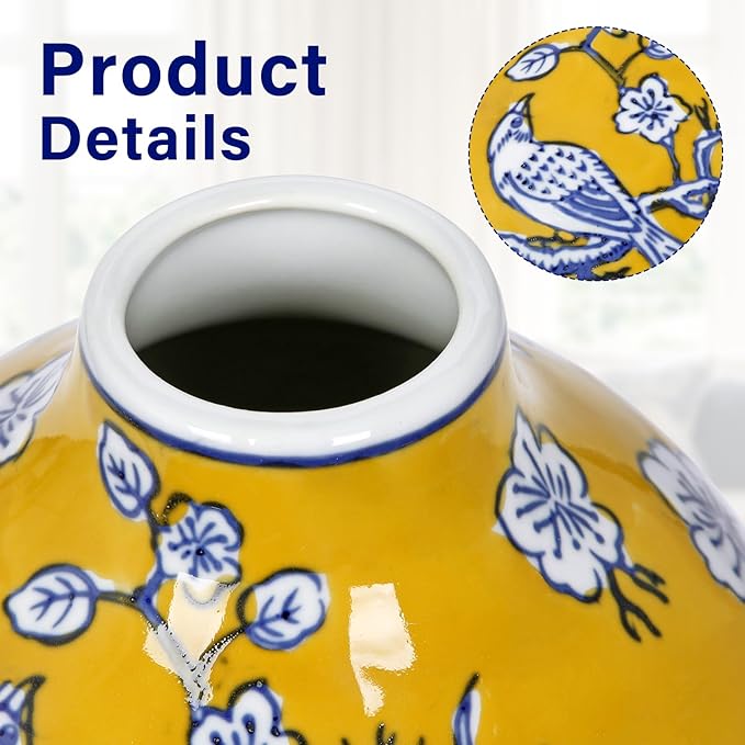 Hollyone Blue and White Vase Porcelain Vases Yellow Small Chinoiserie Decor Yellow Vase Classic Ceramic Gifts Chinese Flower Vases for Bedroom Living Room Console Table Accent Shelf Tabletop Decor