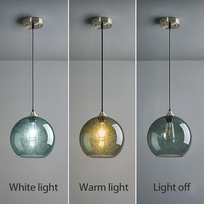 Gray Green Glass Pendant Lights Kitchen Island Lighting Globe Pendant Light Fixtures Modern Pendant Lighting for Kitchen Island Bedroom Living Dining Room Light Fixture(9.84in, 1-Pack)